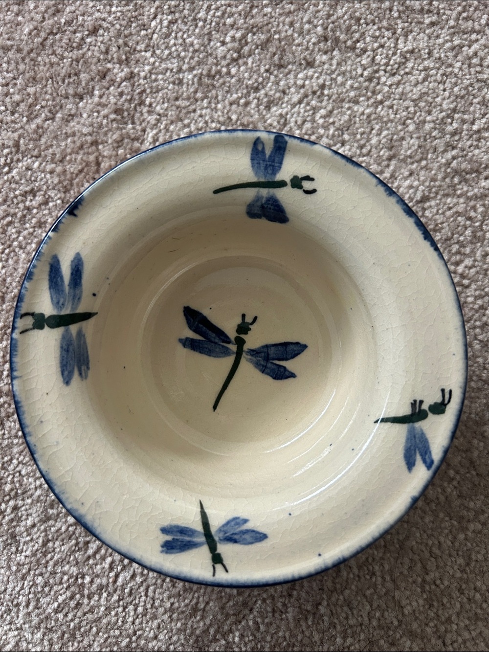Hand Painted Dragonfly Pottery Bowl Blue Cream Art Pottery 5”